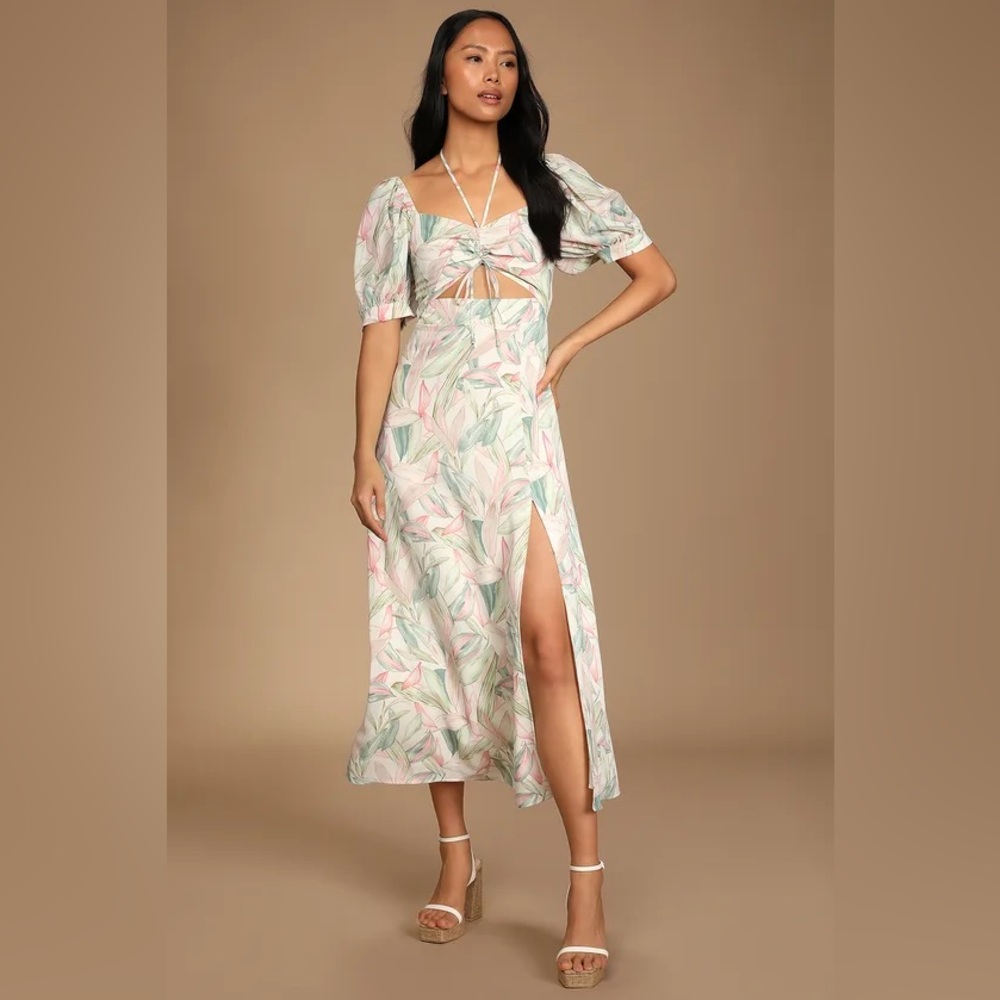 Lulu’s Thriving Moment White Floral Print Puff Sleeve Cutout Midi Dress, Medium